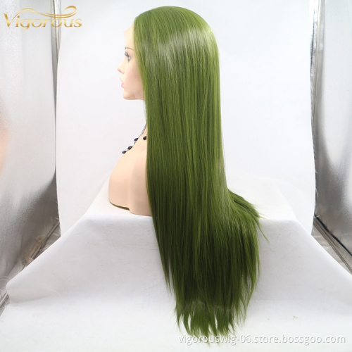 Vigorous mono long green premium high quality straight wholesale black women synthetic hair wigs with lace front